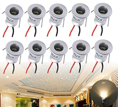 Quentacy Mini-LED-Strahler, 12 V, 1 W, für Schmuck, Innenbereich, Vitrine, Theke, Decke, Einbauleuchte, Wohnmobil, Mikro-Leseleuchte, Warmweiß, 3000 K, Silberschale, 10 Stück