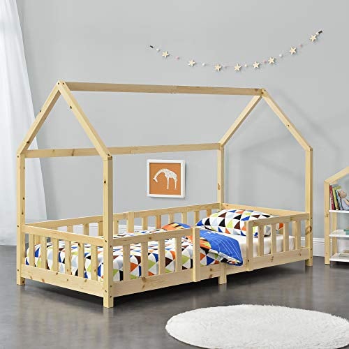 [en.casa] Kinderbett Sisimiut Hausbett Montessori 90 x 200 cm mit Rausfallschutz Holzbett für Kinder Bodenbett Lattenrost Kiefernholz Holzfarben