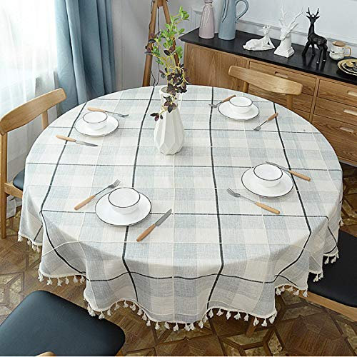 Runde Quaste Plaid Tischdecke, Heavy Weight Baumwolle Leinen Stoff Tischdecke für Küche, Essen, Tischdekoration, Weiß & Grau, 200 cm Rund