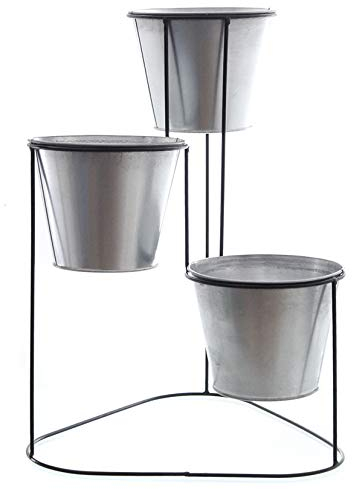 Spetebo Metall Blumentopfständer in schwarz mit 3 Pflanztöpfen aus Zink - Dreieckiger Ständer mit runden Töpfen - 43 cm - Blumentopfhalter mit Topf - Planzenständer modern