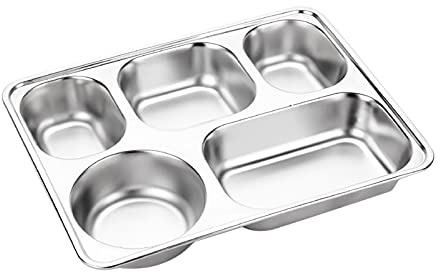 Assiette à dîner en acier inoxydable, 5 compartiments pour enfants, plateau rangement profond contrôle des aliments adultes, déjeuner des enfants,camping, une utilisation quotidienne (argent)