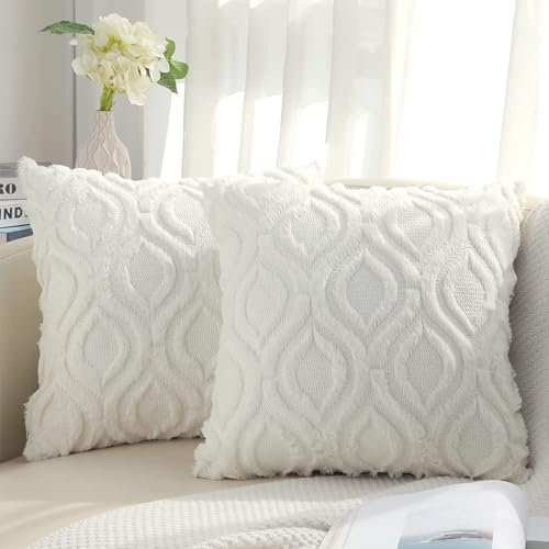 decorUhome Cremeweiß Fell Kissenbezüge 40x40 cm 2er Set, Deko Weich Plüsch Kunstfell Kissenbezug 16x16 für Sofa