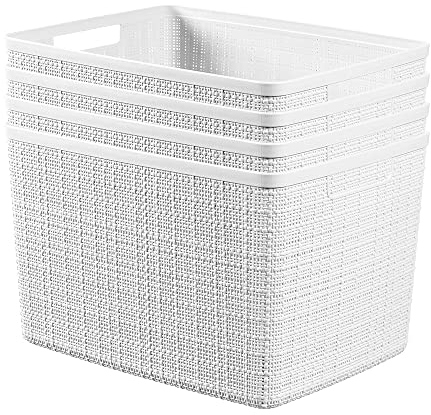 Curver Set of 4 Jute Large Decorative Plastic Organization and Storage Baskets Perfect Bins for Home Office, Closet Shelves, Kitchen Pantry and All Bedroom Essentials, White, 4