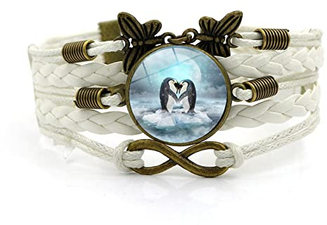 ldygefow Gewebtes Armband-Antarktis Liebevolle Paar Pinguin Tier Zeit Edelstein Armband Multi Layer Hand Gewebt Glaskombination Schmuck Damen Modeschmuck,Weiß