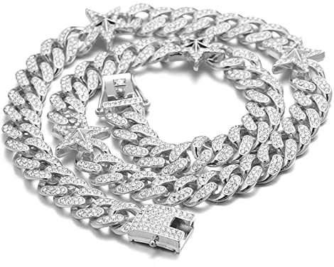Halukakah Goldkette Iced Out,Herren 13MM Platin Weißgold Finish Sterne Miami Kubanische Gliederkette Halskette 54cm Voll Cz Diamant Schnitt Zinken-Set,Geschenk für Ihn