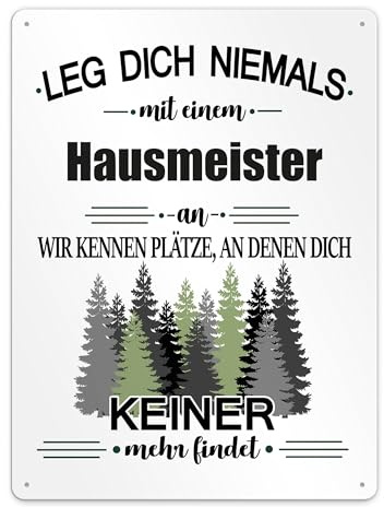 PR Print Royal Berufe Blech-Schild Hausmeister mit Spruch - Arbeit, Freunde | Leg dich niemals mit einem Hausmeister an, Lustiges Geschenk Büro, Job, Kollegen, Metall-Poster, Querformat, A3