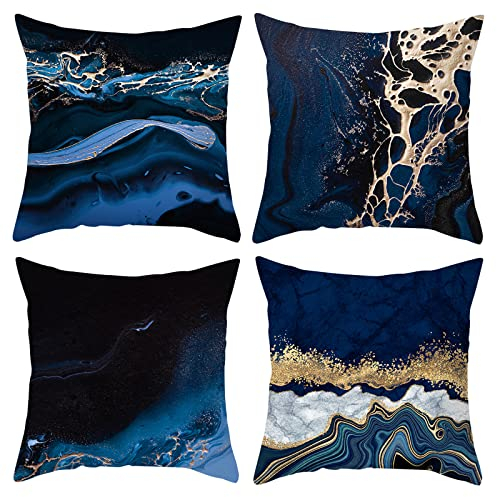 HOSTECCO Marineblaue Kissenbezug 45x45 4er Set Blau und Gold Dekorative Kissenbezüge Abstrakte Marmor Kissenbezüge für Sofa Couch