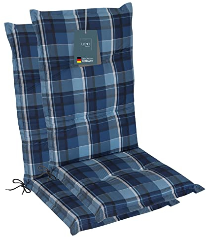 LILENO HOME Gartenstuhl Auflagen als [2er Set - Hochlehner] in Karo Blau - Bequeme Liegen als Sitzauflagen für Gartenmöbel - Stuhlkissen für Gartenstühle und Klappstühle