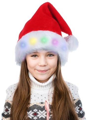 RichDeer Nikolausmütze Weihnachtsmütze LED Kinder, Santa Weihnachtsmann Weihnachtsmütze, Kuschelweich Plüsch Weihnachtsmützen Herren Damen, Weihnachtshut für Neujahr Festliche Weihnachtsfeier