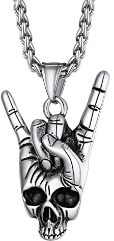 Richsteel Punk Rock and Roll Handzeichen Gestern Kette mit Totenkopf Edelstahl Skelett Anhänger Halskette für Weihnachten Halloween