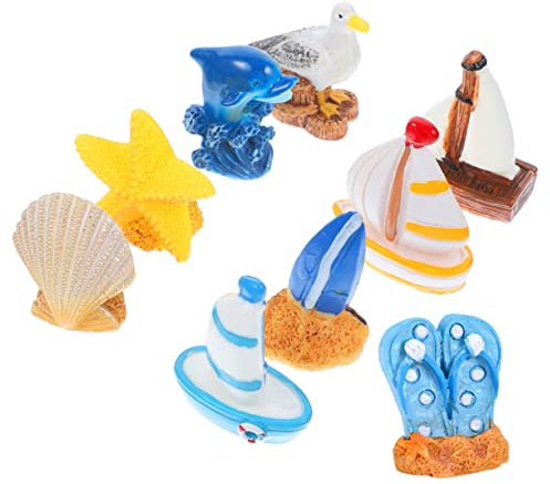 TOYANDONA 9stücke Teiliges Mediterrane Dekofiguren Resin Für Mikrolandschaften Nautische Ornamente Für Zuhause Und Büro Surfbrett Muschel Vogel Delfin Und