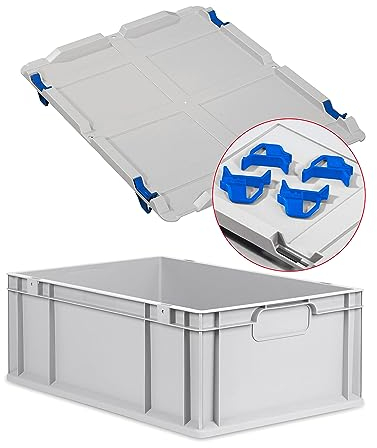 Eurobox NextGen Economy 60x40x22cm Griffe geschlossen mit Auflagedeckel grau, Kunststoffbox 44 Liter stapelbar Transportbehälter lebensmittelecht, Farbe Deckel-Verschlüsse wählbar (Verschlüsse Blau)