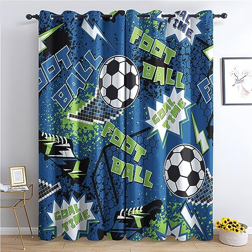 THYUNQ Vorhänge Fussball - Vorhang Blickdicht Verdunklungsvorhänge Thermovorhang, Gardinen mit Ösen, Vorhänge Wohnzimmer Schlafzimmer Fenster 2er Set, H 166 x B 75 cm