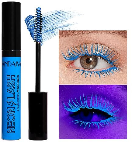 UV Glow Mascara Blau, Regenbogen Farbe Fluoreszenz Wimpern, Neon bunt wasserdicht, Verlängerungen Wimpern Curling Halloween Festival Party Bühne Verwendung(#5 Blau)