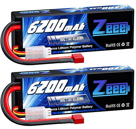 Zeee 2S Lipo Akku 7,4V 80C 6200mAh mit T Stecker Hardcase RC Batterie für RC Auto RC Flugzeug RC Hubschrauber RC Hobby (2 Packungen)