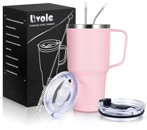 Livole 30oz 900ml Travel Tumbler with Handle, Insulated Vacuum Travel Coffee Mug, Stainless Steel Water Bottle Flask, Double Walled Leakproof Thermal Mug for Camping, Sports, Office, Home, Light Pink