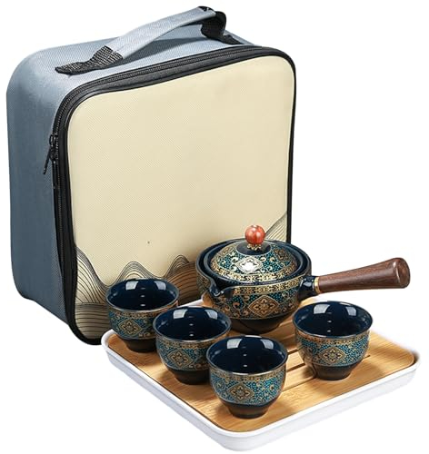 Ceramic Chinese Gongfu Tea Set, Portable Travel Tea Set with Travel Bag Japanese Green Tea Sets with 360 Rotation Tea Maker and Infuser Tea Sets for Home Office, Type 1