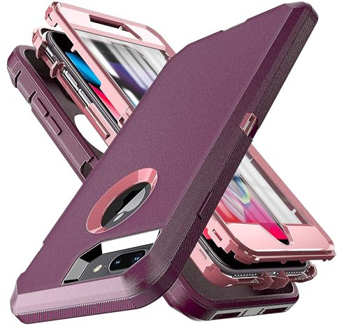 YmhxcY for iphone 8 Plus/iPhone 7 Plus Case with Built in Screen Protector Drop Proof 3-Layer Durable Cover/Shockproof Armor Drop Protection Solid Rubber Case for iPhone 7+/8+-Wine Red/Pink
