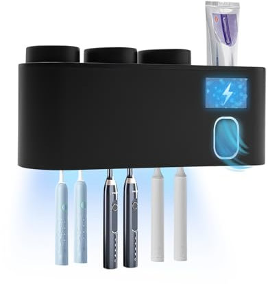 Zahnbürsten Sterilisator mit UV Licht, Zahnbürstenhalter Automatischer Wandmontage Sterilisator, Zahnbürstenhalter Ohne Bohren, Zahnpastaspender mit 3×Becher, USB-Aufladung(1800mAh) (Schwarz)