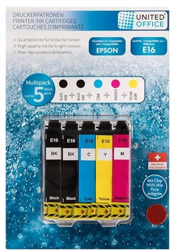 United Office Druckerpatronen Multipack für Epson Tintenpatronen E16 mit Chip WF 2010W 2510WF 2520NF 2030WF 2540WF 2630WF 2650DWF 2660DWF 2750DWF 2760DWF