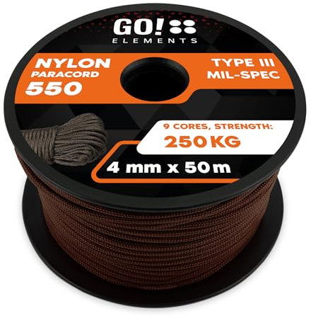GO!elements 50m Paracord de Nylon a Prueba de desgarros - 4mm Paracord 550 Typo III Cuerda - Adecuado como Cuerda Yute & Cuerda Gruesa | MAX. 250kg, Color: Marrón