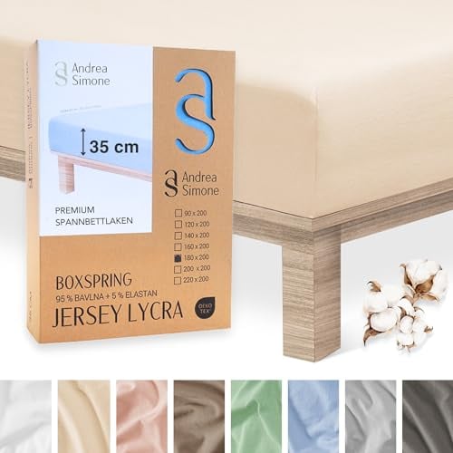 Andrea Simone Premium Spannbettlaken 180x200cm | Bettlaken 180x200 | Spannbetttücher auch für Boxspringbett, bis 35 cm, 95% Baumwolle + 5% Lycra, Creme Spannbetttuch, 185 g/m², Jersey 180 x 200