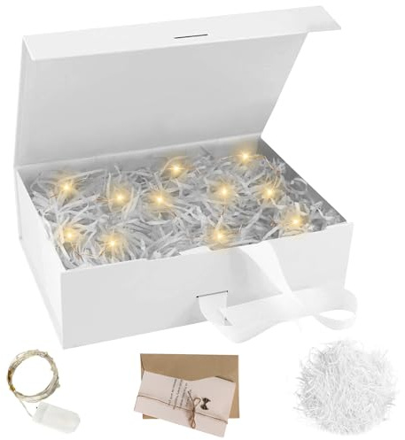 Geschenkbox mit Deckel, Magnetbox mit Schleife, LED-Leuchten, Grußkarte | Faltbare Geschenkbox Hochzeit, 23 X 17 X 7 cm, Geschenkverpackung Geburtstag, Jubiläum-Geschenk Box für Weihnachten