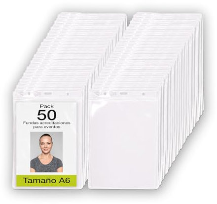 50 porte badges transparentes verticales en plastique recyclé pour cartes d'accréditation A6, pochettes transparentes verticales porte badge salon, porte badge grand format