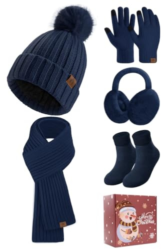 heekpek Mütze Schal Handschuhe Ohrenschützer und Socken Set Damen 5 Stücke Warme Wintermütze Winterschal Strick Winterzubehör Winterset 5 in 1, Marineblau