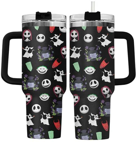 GEPOSTORE Halloween Gifts: Jack Skeleton 40 oz Stainless Steel Tumbler with Handle, Lid, and Straw - Nightmare Before Movie Cup, Horror Movie Gift for Cartoon Lovers