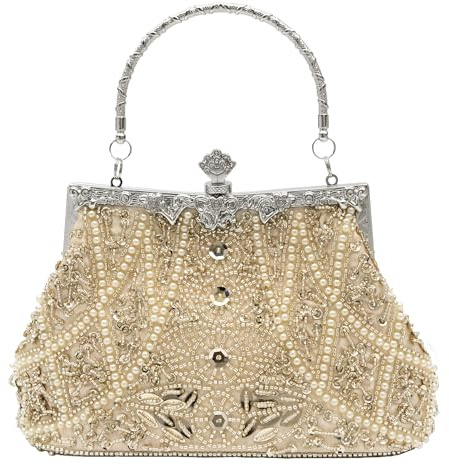 lapulio Bolso de noche vintage con cuentas de hojas florales y lentejuelas, elegante bolso de mano para mujer, para novias, bailes, fiestas y formales, Champán, 9 x 2.8 x 6.1 inches
