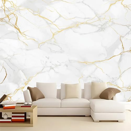 Or Blanc Papier Peint Photo Ligne Marbre Papier peint intissé 3D Effet 350 x 256 cm Poster Tableaux Muraux Tapisserie Photo Trompe l'oeil Ornament