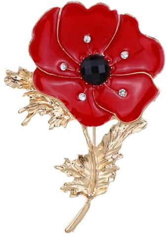 Große rote Mohnblumen-Brosche mit Strass-Steinen, vergoldet aus