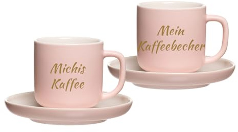 LUXENTU Personalisierte Espressotassen mit Untertassen Jasper 2er Set, 90 ml, Goldgefärbte Gravur auf Tassen, 2-zeiliger Gravurbereich für individuellen Text, Steinzeug, Rosa