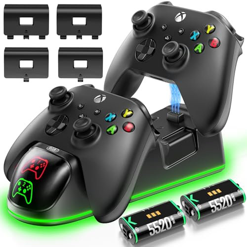 XBX - Cargador de controlador con 2 paquetes de baterías recargables de 5520 mWh, 9 modos RGB, estación de carga Xbox con 4 fundas para control Xbox One/Series X|S, soporte de carga para batería de