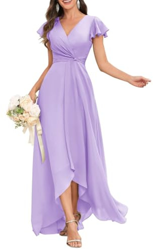 Vestidos de dama de honor de gasa para mujer, plisados, vestidos formales de noche, vestidos de cóctel, talla grande, Lila, 42