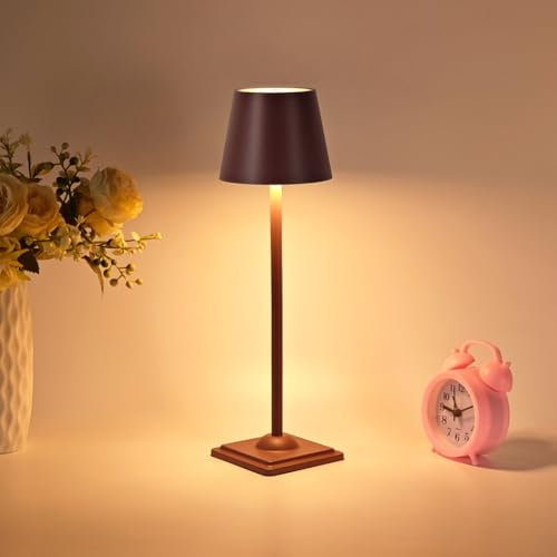 Umikk Led Tischlampe Kabellos, Wiederaufladbar 2700K/4000K/6000K Drei Farbtemperaturen Tischleuchte mit USB-C, Stufenlos Dimmbar, Touch Lampe Outdoor Nachttisch Esstisch Camping (Rötlich-braun)