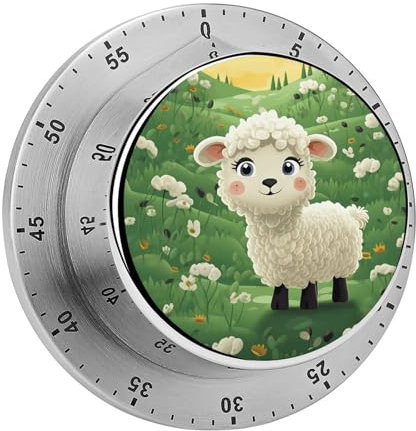 Küchentimer, niedlicher Cartoon-Schaf-Druck, magnetischer Küchentimer zum Kochen, 60 Minuten, mechanischer Edelstahl, manueller Kochtimer mit Alarm, für Zuhause, Kochen, Backen, Dämpfen für Erwachsene