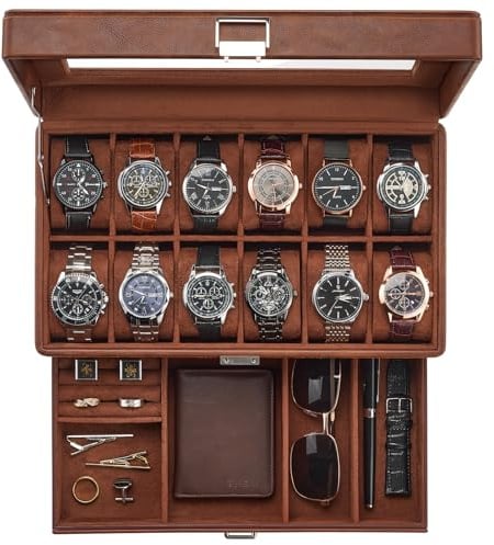 ProCase 12 Slot Premium Uhrenbox Uhrenkoffer Watch Box | Uhrenkasten mit Glasdeckel Uhrenkissen, Herren Schmuckaufbewahrung für Ringe Armbänder Halsketten
