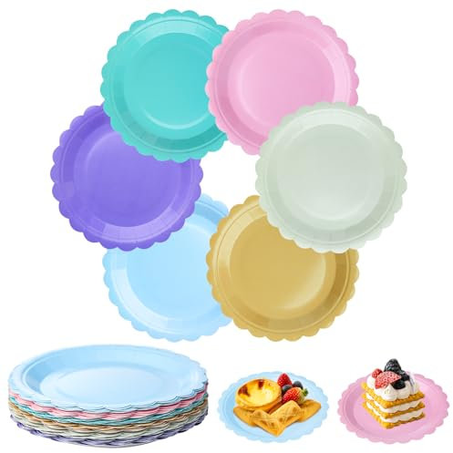 Surflyee Lot de 60 Assiettes DIY, Assiettes Carton, 7'' Ronde Assiette en Papier, Assiettes en Papier pour Mariage Anniversaire Pique-nique DIY (Bords Fleuris)