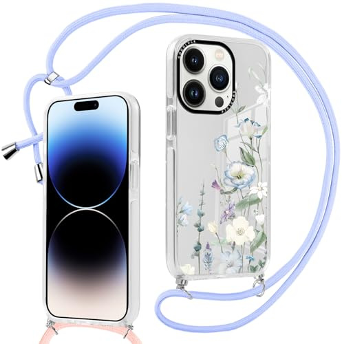 Yirlbey Handyband Transparent Handyhülle für iPhone 14 Pro Hülle mit Band Hülle, Aesthetic Blumen Muster Flower Motiv Cover, Silikon PC Schutzhülle mit Kordel Stoßfest Case für iPhone 14Pro 6,1