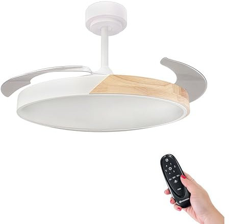 Ventilador de Techo LED con Aspas Retráctiles Control Remoto,70W 2448LM Luz Integrada, Color Blanco CCT 3000-4000-6000K (Madera)