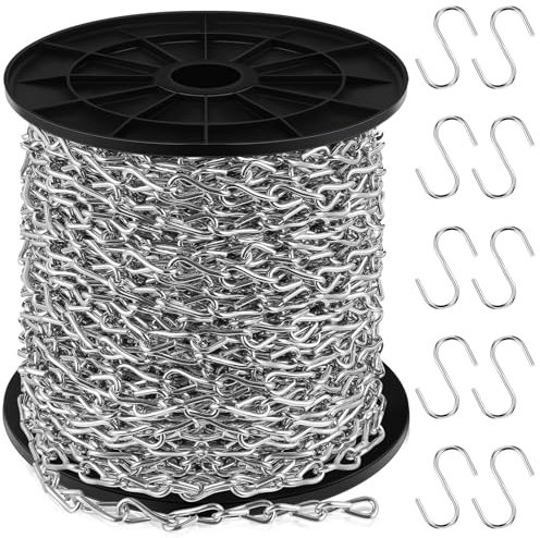 Yaocom 150ft Jack Chain with 10 pcs S Hooks Galvanized Steel Twist Chain with Spool-Weldless for Hanging Fixture, Bird Feeders, Overhead Lights, Artworks, Flowerpots(2mm, Silver)