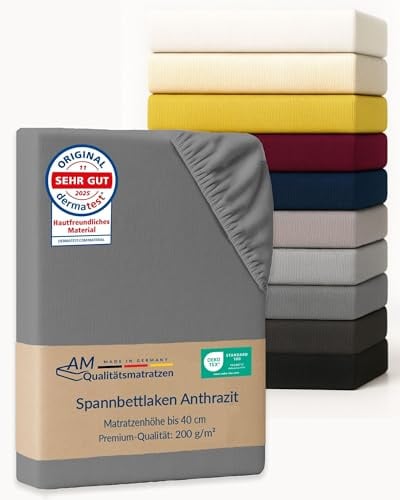 AM Qualitätsmatratzen Premium Spannbettlaken 100x210cm Boxspringbett (200gsm) in Anthrazit - Made in Germany - Oeko TEX zertifiziertes Spannbettlaken 200x220 Wasserbett - 40cm Steghöhe