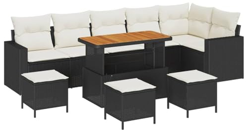 vidaXL 10-teiliges Gartensofa-Set mit Kissen in Schwarz aus Poly Rattan und Akazie – Bequeme Sitzgelegenheiten für 6 Personen für deinen Außenbereich, Couch für die Terrasse oder Lounge.