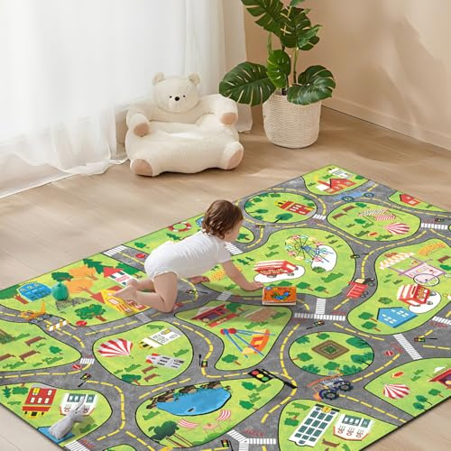 Tospass Teppich Kinderzimmer Spielteppich Straße Stadt für Junge & Mädchen, Waschbar Kinderteppich für Babyzimmer, Schlafzimmer & Spielzimmer mit Antirutsch Rücken, 80x150 cm