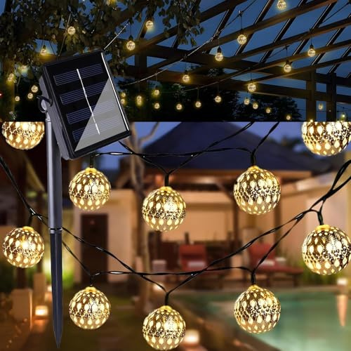Solar Lichterkette Aussen, 12M 100LED Silber Marokkanischen Orb Schnurlichter, 8 Modi Lichterkette Außen LED Strom Beleuchtung, IP65 Wasserdicht Balkon Solarlichterkette für Terrasse Garten Camping
