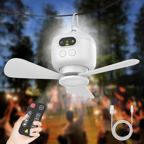 Vulaop Ventilador de techo USB con luz, batería de 8000 mAh, ventilador de camping con mando a distancia, ventilador colgante silencioso de 3 velocidades, recargable para tienda de campaña, cenador