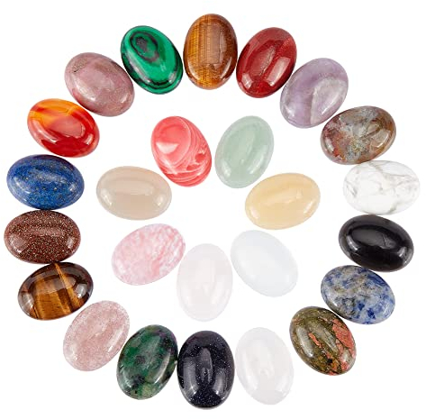 PandaHall 25 Stk. 25 Stile ovale natürliche & synthetische Edelstein Cabochon Flatback Perlen für Foto Handwerk Schmuckherstellung, gemischte Farben
