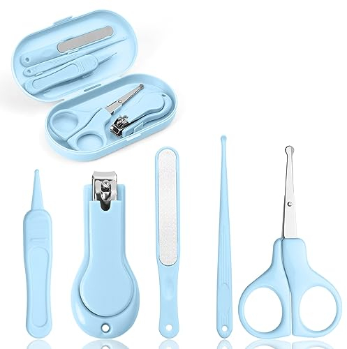 Vicloon Babypflege Set, 5-in-1 Baby Healthcare Kit mit Baby Nagelknipser, Nagelschere, Nagelfeile, Pinzette, Ohrenreiniger und Box, Baby Nagelpflegeset für Kleinkind, Neugeborene, Kinder - Blau